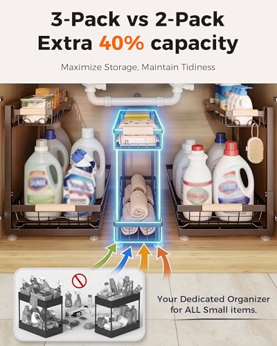 Sevenblue 3 Pack Under Sink Organizer, Multi-Purpose 2 Tier Pull-Out Metal Under Kitchen Sink Organizer, Height Adjustable Storage Shelves for Kitchen Bathroom Cabinet - color: Brown
