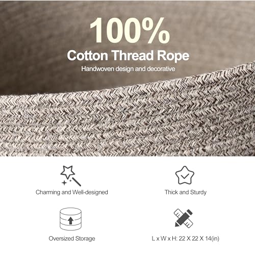 Extra Large Blanket Basket, Woven Cotton Rope Baskets for Organizing 22"x14", Kids Dog Toy Bin Box, Wicker Blanket Storage for Living Room Nursery, Big Throw Pillow Holder Organizer, Brown - color: Brown
