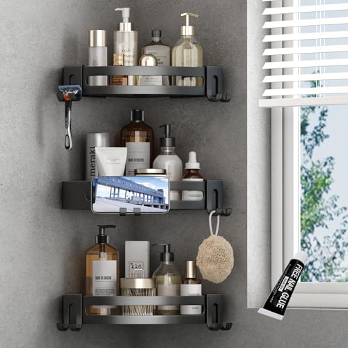 VOLPONE 3-Pack Black Triangle Shower Caddy, 3-Tier Corner Shelves, Rustproof Shower Storage Rack, Drill Free Wall Mount Shower Organizer, 40lbs Load Capacity - style: Without Suction Cup Triangle with Hooks 3 Tier Black