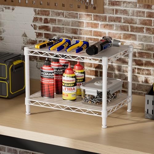 SINGAYE 2 Small Wire Shelves Garage Pantry Close Home Organizers and Storage Bathroom Shelf Laundry Room Organization Adjustable Book Metal Shelving Unit - color: White, size: 2-Tier 11.8"D X 17.3"W X 12.2"H