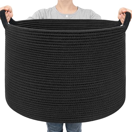 Goodpick Large Blanket Basket, 22"X 14" Woven Rope Baby Basket, Black Blanket Storage for Dirty Clothes, Kids Toy Storage Organizer Bins for Living Room - color: Black, size: 21.7x21.7x13.8 Inch (Pack of 1)