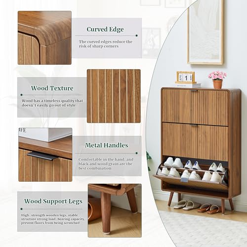 FurSch Fluted 47 Inch Tall Shoe Cabinet with 3 Flip Drawers, Narrow Hidden Shoe Storage Organizer Rack for Entryway Hallway (All Walnut) - color: All Walnut