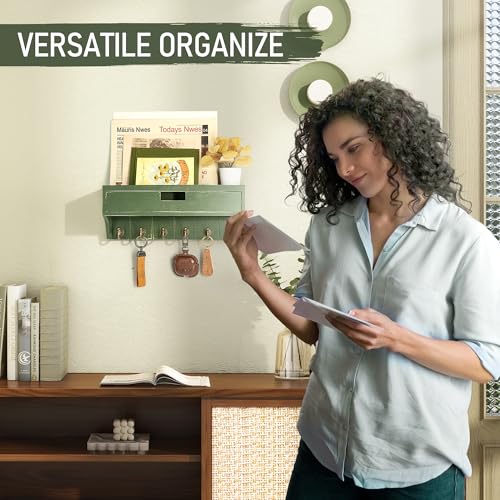 Rebee Vision Pine Wood Key Holder Wall Mount with Drawer Organizer for Home Decor – Mail Organizer with 6 Key Hooks & Storage Shelf – Apartment Essentials for Entryway, Living Room (Green) - color: Green, style: 1-Drawer