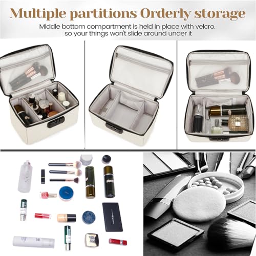 KaAutoler Portable makeup box with Lock, Large Capacity Travel Makeup Case Organizer, Makeup Bags for Girls Traveling With Handle and Divider Makeup Bag (off-white) - color: off-white