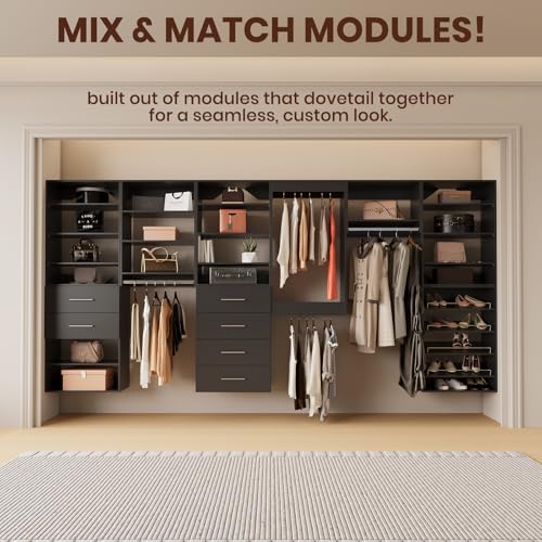 ROOMTEC Modular Closet System, 46" Wall Mounted Closet Organizer with Hanging Rods and Shoe Shelf, Wooden Tower for Walk-In Closets, Wardrobe Storage Kit, Black - size: 46" Wide, style: Model 15