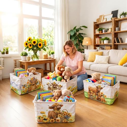 4 Pcs Highland Cow Storage Bin Collapsible Western Cow Themed Fabric Storage Basket with Handle American Country Style Organizer for Home Bedrooms Baby Clothes Toys Books - style: Highland Cow