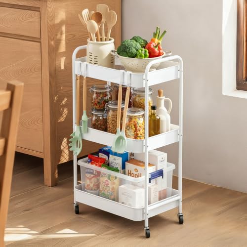 JAQ Makeup Carts, 3-Tier Metal Rolling Utility Storage Organizer Cart Shelf with Wheels for Craft Office Supplies Diapper Snack in Bathroom Kitchen Laundry Classroom Dorm -(3-Tier,White) - color: White /3-tier, size: Need Assembly
