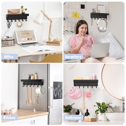 kuaima Magnetic Key Holder, Small Wall Mount Key Rack with Shelf for Fridge, 6 Metal Hooks, 9.65 Inch, 2 Installation Options, Black - color: Black