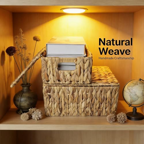 Wicker Storage Baskets With Lid,Set of 3 Rectangular Rattan Basket Decorative Boxes with Handles,Large Storage Box Hyacinth Wicker Baskets For Shelf Organizer, Nursery Room,Bathroom,Living Room