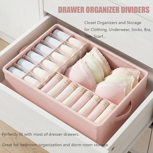 2 Pack Drawer Organizer Dividers with Lid, 17 Cell Underwear Organizer for Closet Organizers and Storage Boxes, Foldable Wardrobe Clothes Storage Bins for Underwear, Socks, Bras, Ties, Lingerie - color: Pink