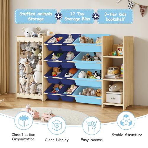 EXPERLAM 3-in-1 Toy Storage Organizer, Stuffed Animal Holder & 3-Tier Bookcase, Solid Wood Toy Organizer with 12 Storage Bins, Space-Saving Toy & Book Shelf for Kids Rooms, Bedroom, Playroom, Blue - color: Blue