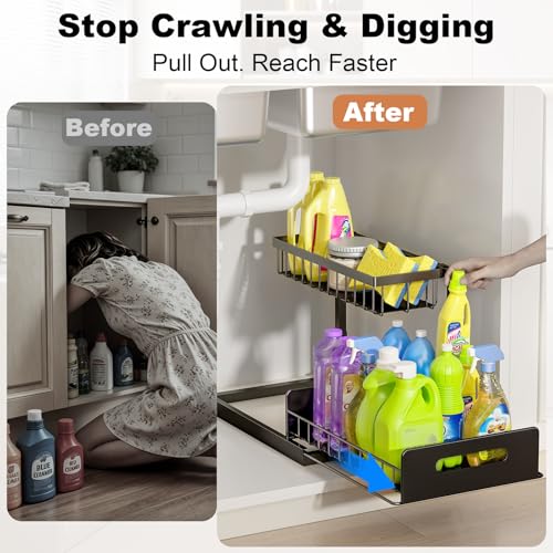 REALINN Under Sink Organizer, Pull Out Cabinet Storage 2 Tier Slide Out Sink Shelf, Kitchen Organizers and Storage, Black, 1 Pack - color: Black, size: 1 Pack