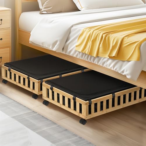 Gashell 2 Pack Bamboo Under Bed Storage with Wheels, 39”x20”x7.8” Lager Under Bed Storage Containers (Natural) - color: Natural