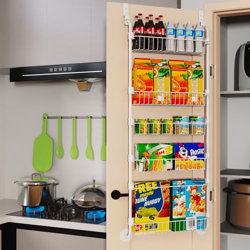 White Over the Door Pantry Organizer 8 Tier, Adjustable Basket Pantry Door Organizer and Storage, Heavy Duty Metal Kitchen Hanging Spice Rack (D5xW19xH50 Inches) - color: White