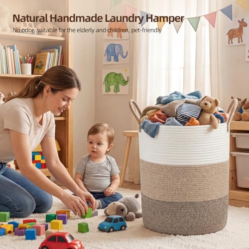OIAHOMY Large Laundry Basket Hamper - 60L Cotton Rope Woven Basket for Blankets, Toys, Clothes - Tall Decorative Nursery Hamper with Long Handles, Gradient Brown - color: Gradient Brown, size: 60L