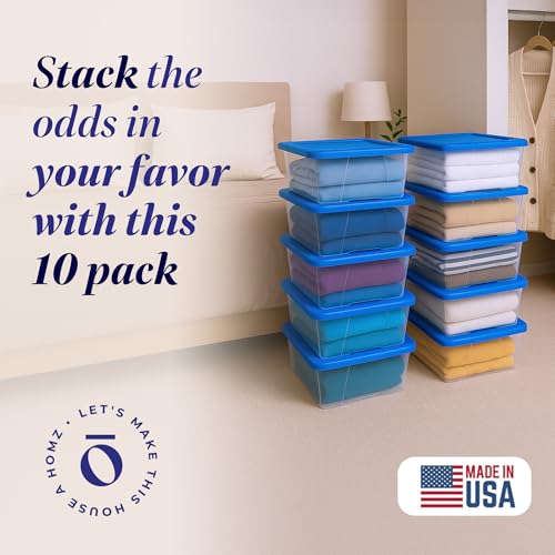 HOMZ 10-Pack Snaplock, Small Clear Plastic Storage Organizer Bins w/Lids, 6 Quart, Blue - Stackable Container Boxes for Bedroom, Bathroom, Garage, and Office Organization - color: Blue Lid, size: 6 QT (10 Pack)