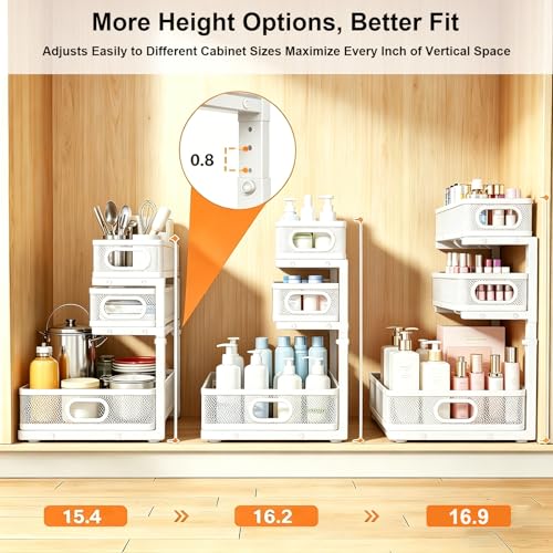 2 Pack Under Sink Organizer, 3-Tier Pull Out Kitchen Cabinet Organizer, Height Adjustable Metal Slide Out Bathroom Storage Makeup Drawer Rack for Bedroom Office Laundry Pantry Home Organization, White - color: 3-Tier- White, size: 2-Pack