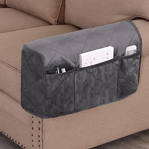 Non-Slip Sofa Armrest Protector,Thick Velvet Armrest Covers for Chairs and Sofas Couch with Side Pocket,Armrest Storage Organizer,Washable Arm Covers for Dogs，Set of 2 (Grey) - color: Grey