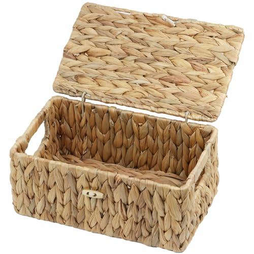Small Wicker Basket with Lid, Natural Water Hyacinth Storage Baskets for Organizing, Rectangular Woven Basket for Storage, Decorative Boxes Bins with Lids and Built-in Handles (10.2" x 6.3" x 3.9") - size: 10.2" x 6.3" x 4"