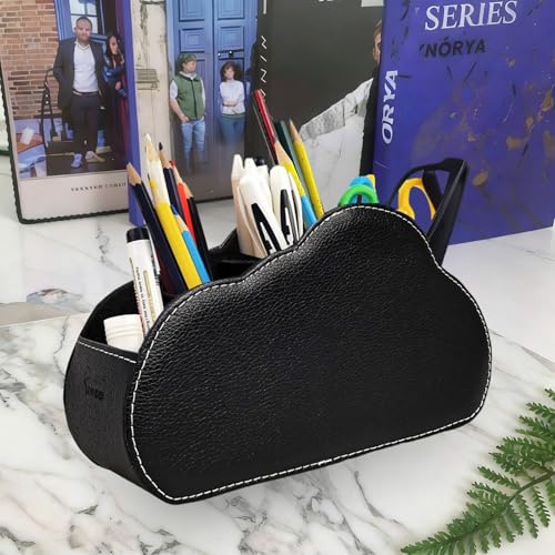 Remote Control Holder - 5 Spacious Compartments TV remote holder Caddy Leather Control Storage Tabletop Desk Organizer for Remote Controller,Office Stationery,Makeup Brush - color: Classic Black