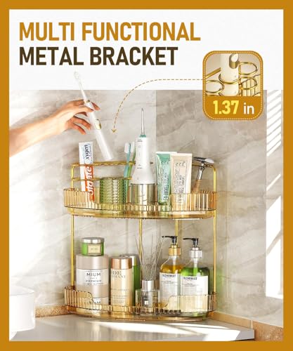 EUHOME 2-Tier Corner Bathroom Counter Organizer Makeup Cosmetic Storage, Tool-Free Installation Acrylic Vanity Shelf, Skin Care Organizer Perfume Tray for Countertop Bathroom, Dresser, Kitchen (Gold) - color: Gold, size: 9" x 9" x 11.8"