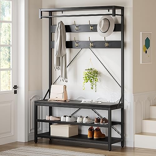 IDEALHOUSE Coat Rack Shoe Bench Industrial Hall Tree Storage Bench for Entryway Wood Look Accent Large Shoe Rack with Storage Shelf Hanging Bar,8 Hooks Grey 39.9"x15.7"x72" - color: Black