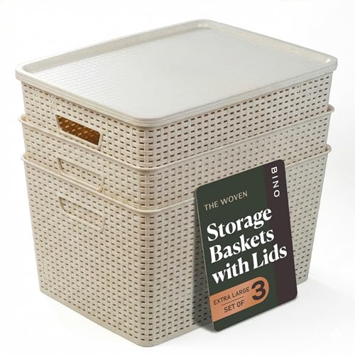 BINO | Plastic Storage Baskets with Lids, 33 Liter - 3 Pack, Natural | THE WOVEN COLLECTION | Storage Basket for Shelves | Woven Storage Baskets for Organizing Bins | Pantry Shelf Organizer Bin - color: Natural, size: 33L | 3-Pack