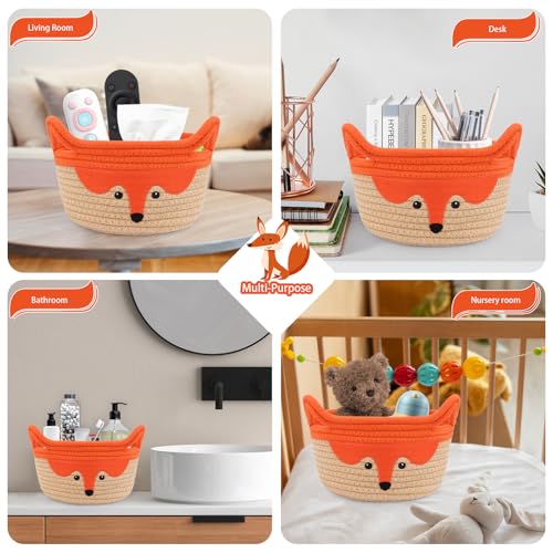 Small Storage Basket, Cute Fox Animal Gift Basket for Nursery, Woven Rope Cotton Storage, Soft Baby Towel 0rganizer with Ears Handles, Caddy Blanket Towel Decor Storage Bin, 8.2"D x 4.7"H in - color: Orange, size: 9"D × 5 "H
