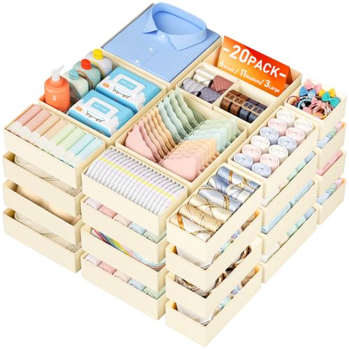DIMJ Drawer Organizer Clothes - 20 Pack Closet Drawer Organizer Bins for Baby Clothes Storage, Fabric Dresser Organizer for Nursery Bedroom, Foldable Small Drawer Dividers for Underwear Socks - color: Beige, size: 20 Pack