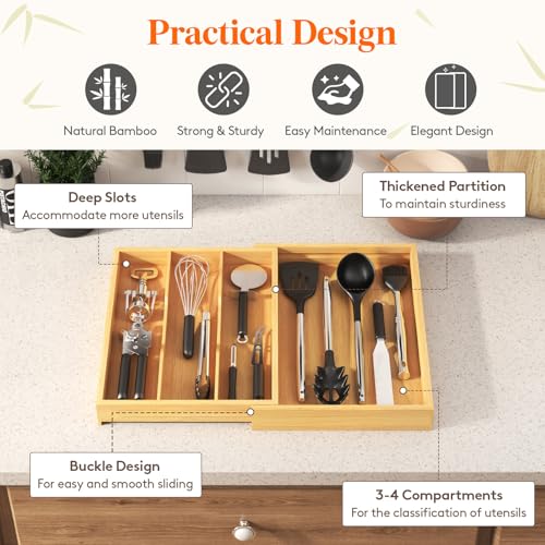 Lifewit Utensil Organizer for Kitchen Drawer, Expandable Cooking Utensil Tray, Cutlery Silverware Flatware Holder, Wood Adjustable Spatula Tools Storage Divider, 30-55 x 40cm, Natural - color: Natural, size: 11.9~21.7'' W x 15.75'' D