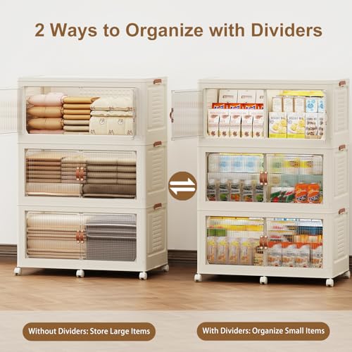 SAILUN 145Gal/579Qt Stackable Storage Bins Folding Collapsible Storage Bins with Lid, Closet Organizers and Storage Box with Door Cream 33.5" W x 19" D x 53" H - color: Cream, size: 1 Lid 3 Pack-33.5" W x 19" D x 53" H