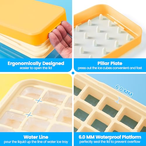 PHINOX Ice Cube Tray with Lid and Bin, Ice Trays for Freezer, Flexible Ice Cube Trays, Making 56 pcs Ice Cubes, Chilling Cocktail, Whiskey, Coffee, with 2 trays, Ice Container, Scoop&Cover, BPA Free - color: Yellow, size: 0.8"-2tier