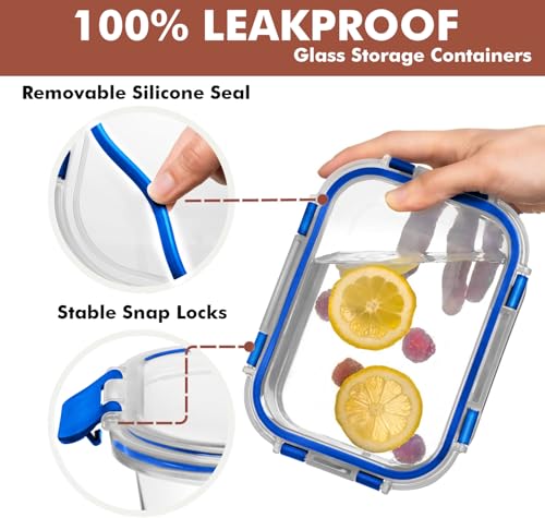 Razab 30 PC Glass Food Storage Containers with Lids - Reusable Glass Meal Prep Containers for Lunch and Leftovers - Airtight & Leakproof Snap Locking Lids - Oven, Freezer, Microwave, Dishwasher Safe - color: Blue