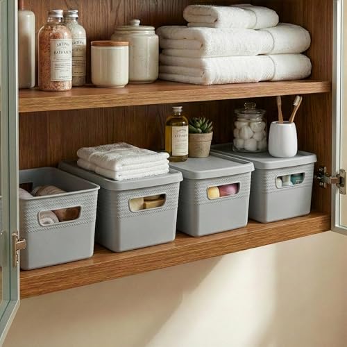 BINO | Plastic Storage Bins with Lids, 5 Liter - 3 Pack, Natural Grey | THE BRAIDED COLLECTION | Plastic Bins for Organization Woven Storage Baskets for Organizing Pantry Shelf Organizer Basket Bin - color: Natural Grey, size: 5L | 3-Pack
