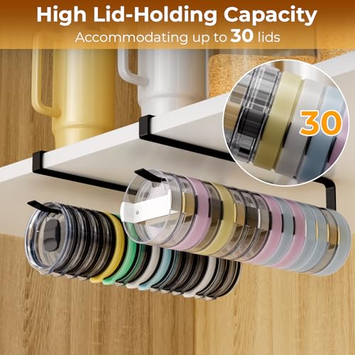 Quehun 2 PCS Tumbler Lid Organizers, Ample Lid Capacity Up to 30 Lids, No Adhesive No Drill Yeti Lid Organizer Holder Inside Cabinet, Space-Saving Stanley Tumbler Cup Lid Holder Organizer for Kitchen - color: Black