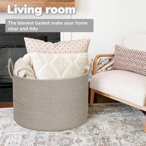 21" x 18" Extra Large storage baskets,Decorative blanket basket with lid for Living room,rope baskets with lid,wicker hamper for bedroom,Big,Round,Brow - color: Brow