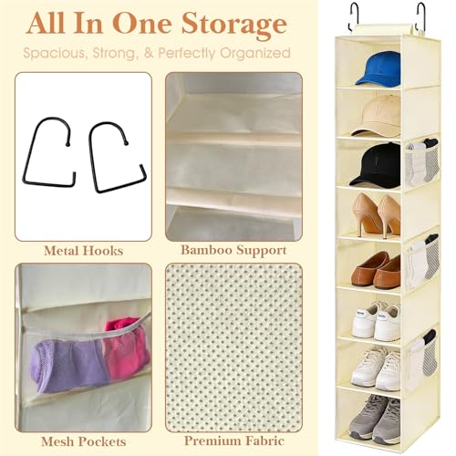 VERONLY Hanging Shoe Organizer for Closet with 8 Shelves,Mesh Pockets-Wider Hanging Shelves for Shoes,Clothes,Hats With Sturdy Bamboo-Supported Design (Beige) - style: Beige Bamboo Hanging