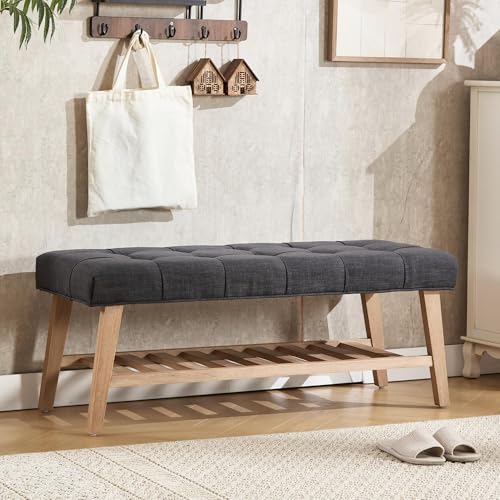 Farmhouse Storage Entryway Bench with Shoe Shelf, Linen Fabric Upholstered 2 Tier Button Tufted Bench with Wooden Frame for End of Bed/Hallway/Reception/Living Room, Charcoal - color: Charcoal