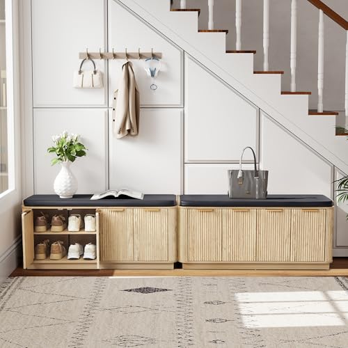 Fluted 2-Tier Entryway Shoe Bench with Doors and Adjustable Shelf, 43.3'' Wide Shoe Storage Bench with Cushion Seat for Entrance, Hallway, Living Room, End of Bed - Natural - size: Door-natural