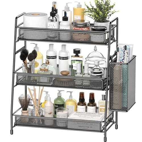 EKNITEY Bathroom Countertop Organizer Shelf - 3 Tier Counter Spice Rack Metal Makeup Rack Small Coffee Station Organizer for Sink/Bedroom/Living room/Kitchen/Office - color: Black with Basket