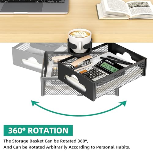 CABTE Desk Cup Holder with Drawer Organizer, Anti-Spill Clip-On Table Cup Hook with 360° Rotation Hidden Storage Box for Office Home Gaming Table (Black) - color: Black