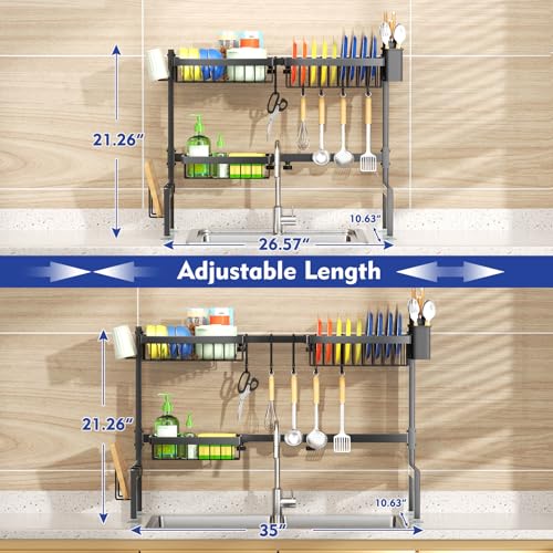 SNSLXH 2-Tier Over The Sink Dish Drying Rack, Kitchen Large Dish Drying Rack Over The Sink, Suitable for Most Sinks, Effective Dish Drying, Kitchen Drying Rack（26.57"-35"） - size: Large 2 tiers 3 baskets