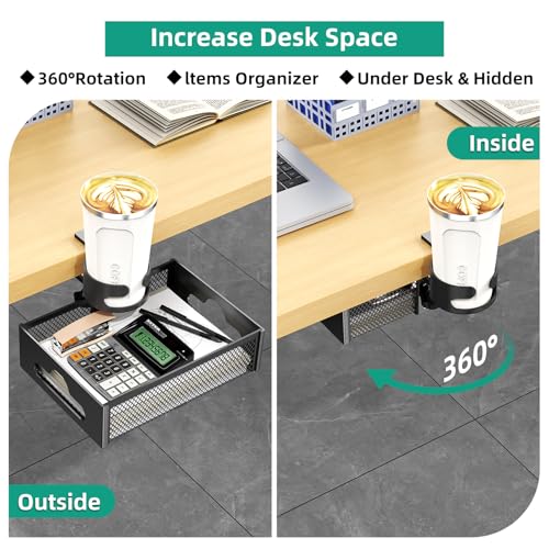 CABTE Desk Cup Holder with Drawer Organizer, Anti-Spill Clip-On Table Cup Hook with 360° Rotation Hidden Storage Box for Office Home Gaming Table (Black) - color: Black
