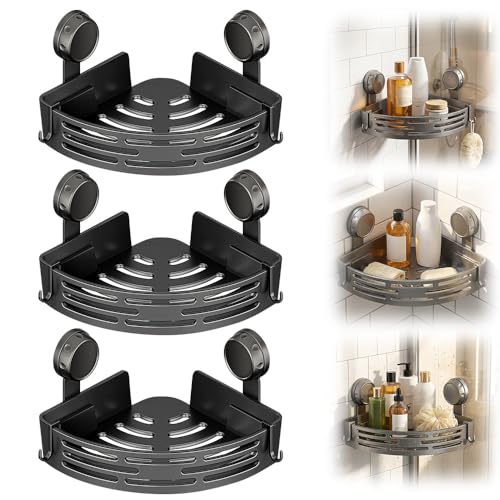 Triangle Suction Cup Corner Shelves, 2026 Upgraded No Drilling Bathroom Storage Rack with Hooks, Waterproof Shower Organizer for Bathroom, Corner Shelves for Shower (Black, 3 PCS) - color: Black, size: 3 PCS