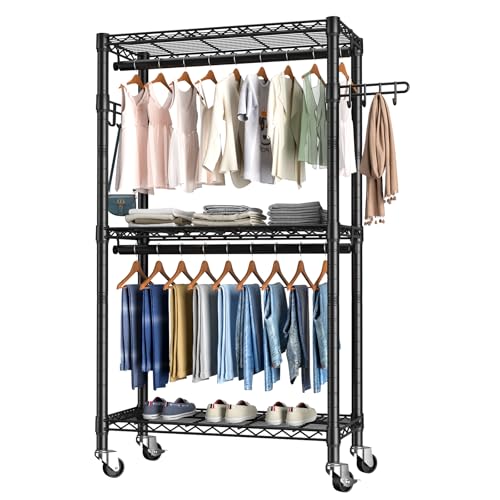 Heavy Duty Clothes Rack Rolling Garment Rack,3 Tier Adjustable Wire Shelving Clothing Racks for Hanging Clothes with Double Rods&Side Hooks,Freestanding Wardrobe Storage Rack Metal Portable Closet - color: Black1, size: 15.75"D x 23.5"W x 72.45"H