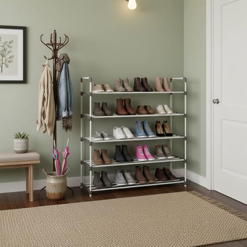 Home-Complete Shoe Rack – 5-Tier Shoe Organizer for Closet, Bathroom, Entryway – Shelf Holds 25 Pairs of Sneakers, Heels, and Boots (White) - color: White, size: 5-Tier