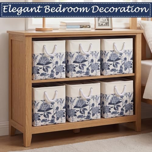LemonRoad 6 Pcs Blue Hydrangea Cube Storage Bins 11.22 Inch Square Storage Basket with Handle, Preppy Girls Organizer Basket, Collapsible Fabric Box for Classroom Bedrooms Office Home Decoration Gift - color: Blue, size: 11.22 Inch, style: Hydrangea