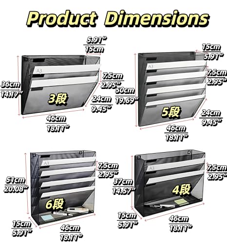 4 Tier Wall File Organizer, A3 Office Hanging Magazine Holder, Desktop Vertical Mail Paper Folder Holder Rack, Home Office Organization and Storage, Black (A3,4 Tier,Black) - color: A3,4 Tier,black