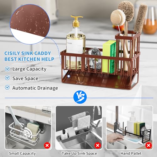 Cisily Kitchen Sink Caddy, Sponge Holder for Kitchen Sink, Kitchen Sink Organzier and Storage with High Brush Holder, Rustproof 304 Stainless Gadgets Sink Accessories(Brown) - color: Brown, size: 9.25″