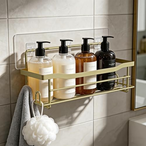Shower Caddy Shelves Organizer Rack, Single Pack Shower Shelf, Caddies for Shampoo Soap Bathroom Waterproof Adhesive Holder, No Drilling Wall Mounted Self, Matte Gold - color: Gold